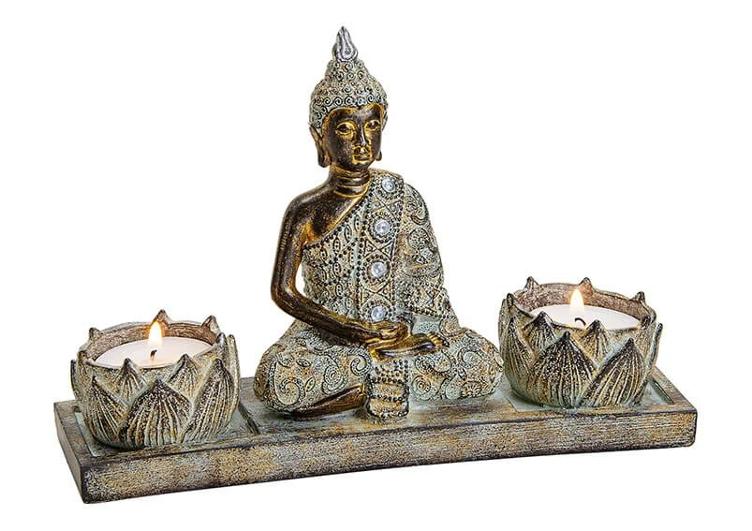 Buddha mit 2 Teelichthalter aus Poly Braun