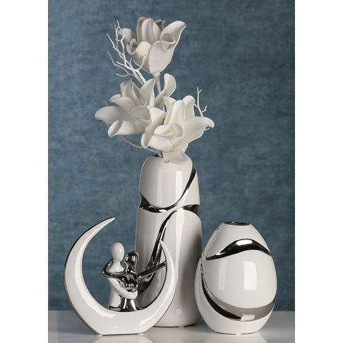 Vase`Classic`weiss/silber,Ei-Form