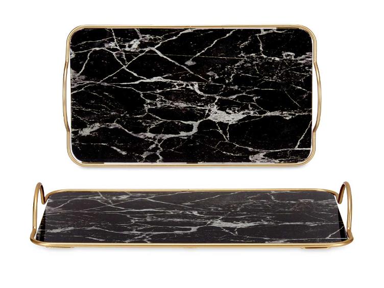 Tablett mit Griffen 35cm Glas schwarz marmoriert - 1